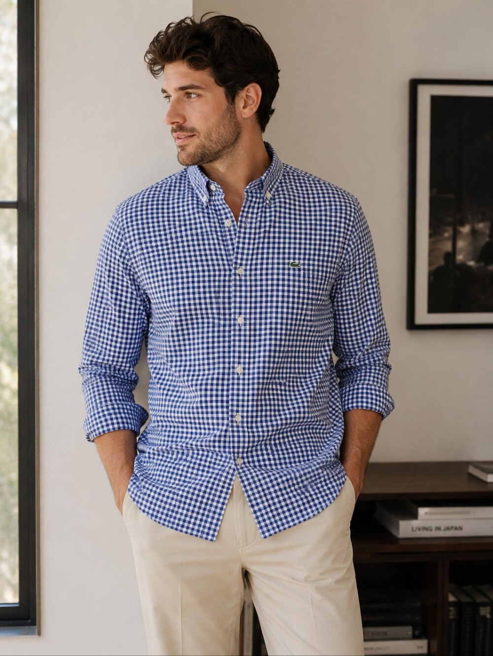 Lacoste Blue Gingham Button-Down Shirt Men's Large | Classic Cotton Stretch Prep